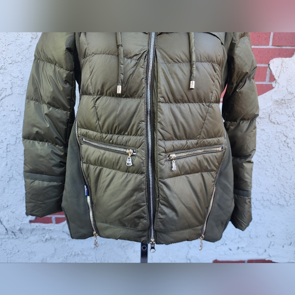 NWOT small jacket army olive green DUCK DOWN puffer jacket gold zipper hooded - Picture 6 of 16